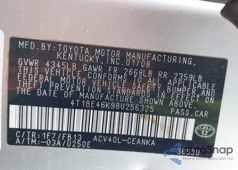 2008 Toyota Camry Le из США, поврежденный, VIN 4T1BE46K98U256325